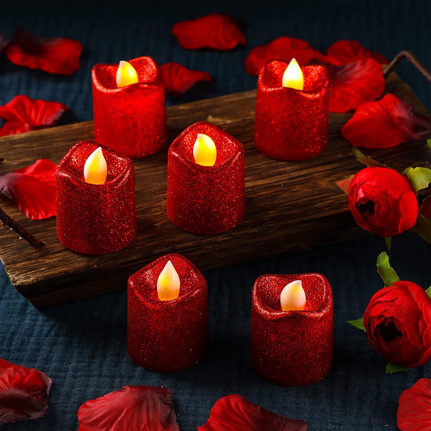 24 Pieces Flameless Votive Candles Valentine's Day Glitter LED Tea Light Battery Operated (Red)