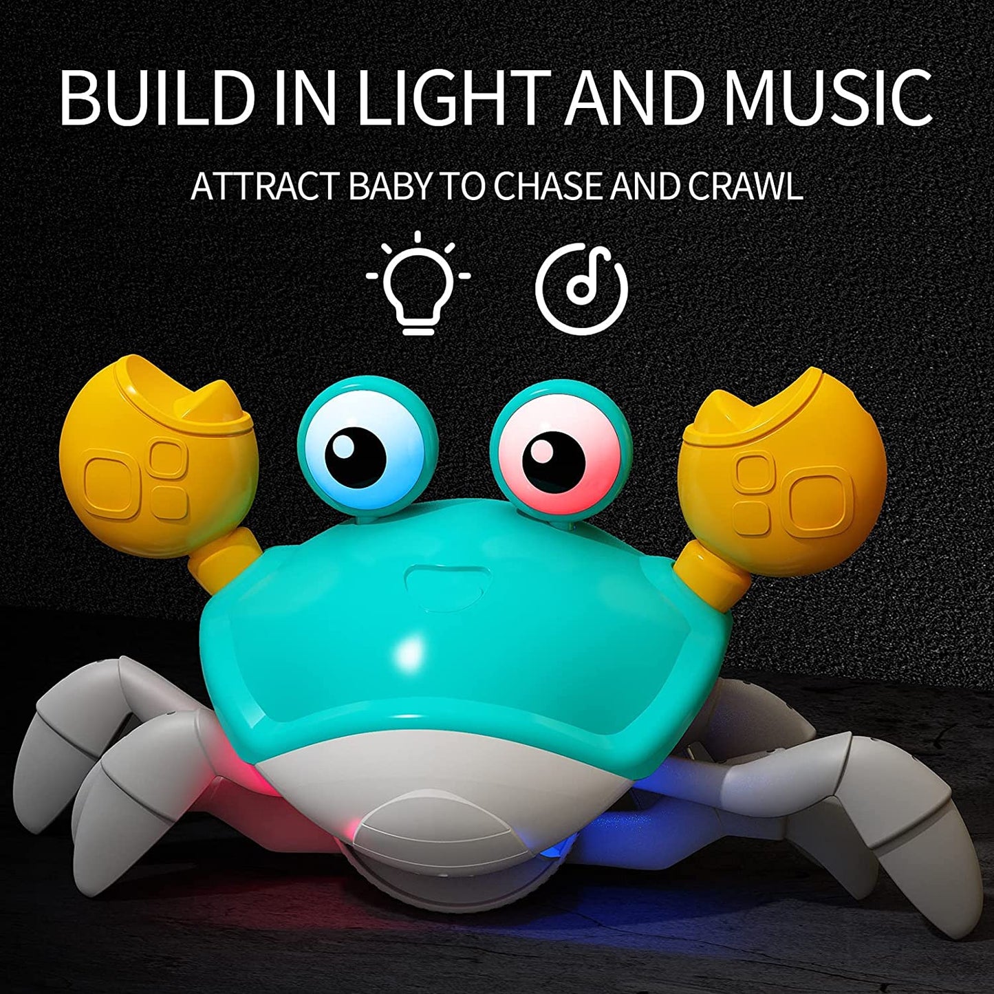 Green Crawling Crab Toys with Light Up, Interactive Musical w/ Automatically Avoid Obstacles, USB Rechargeable
