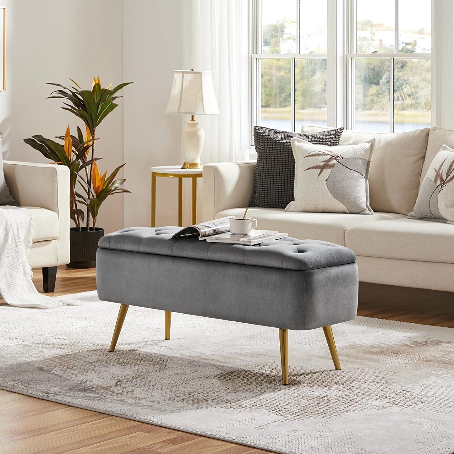 Folding  Storage Ottoman Bench 42.7 Inches -Gray