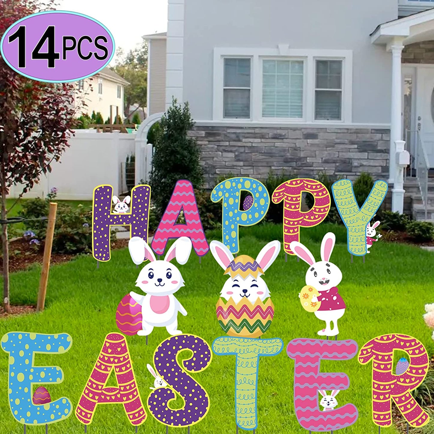 Easter Yard Sign | (14 Pcs) Large 17" Tall, Happy Easter Outdoor Decorations