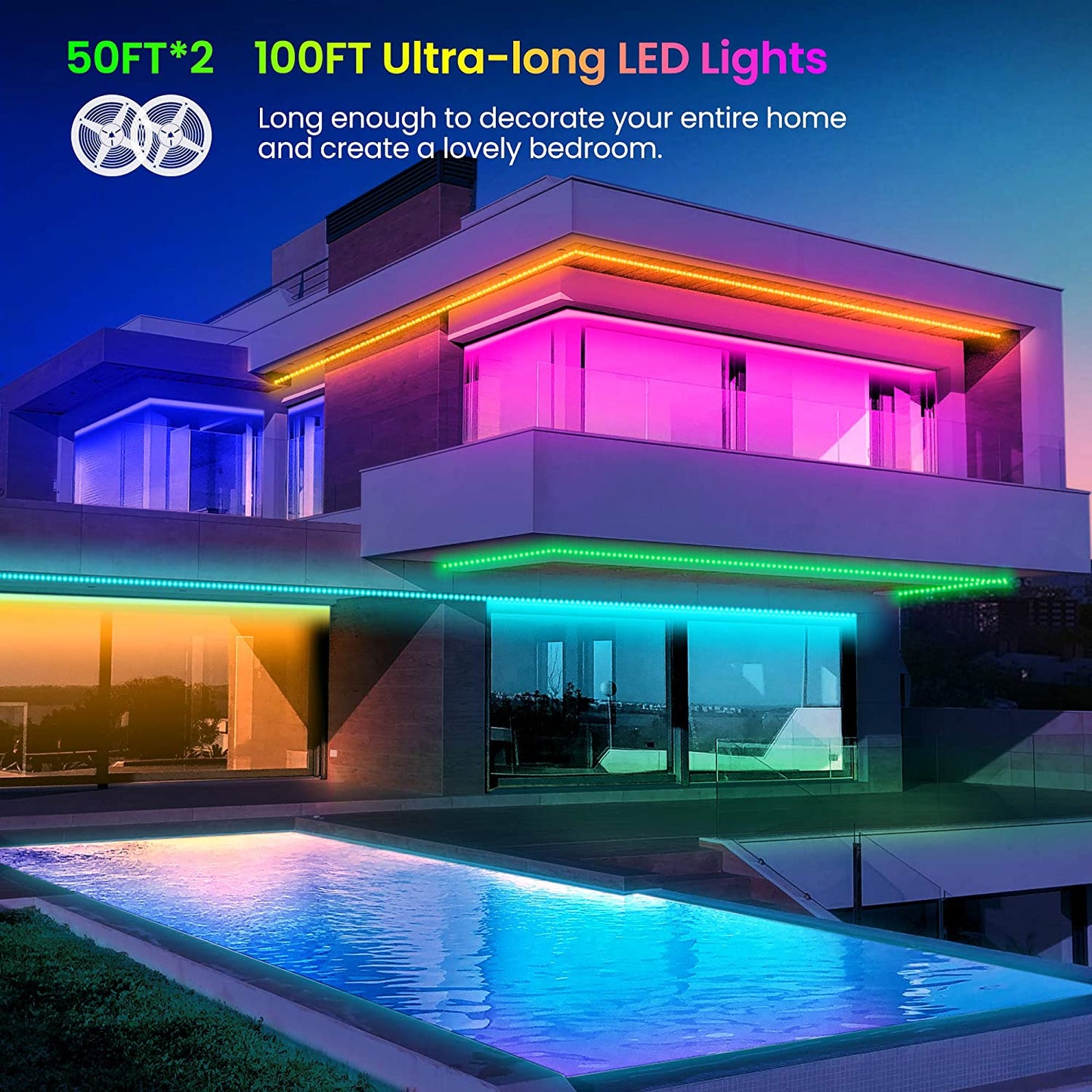 100 FT LED Strip Lights,Rope,Bluetooth APP Control,Color Changing Light Strip sync with Music