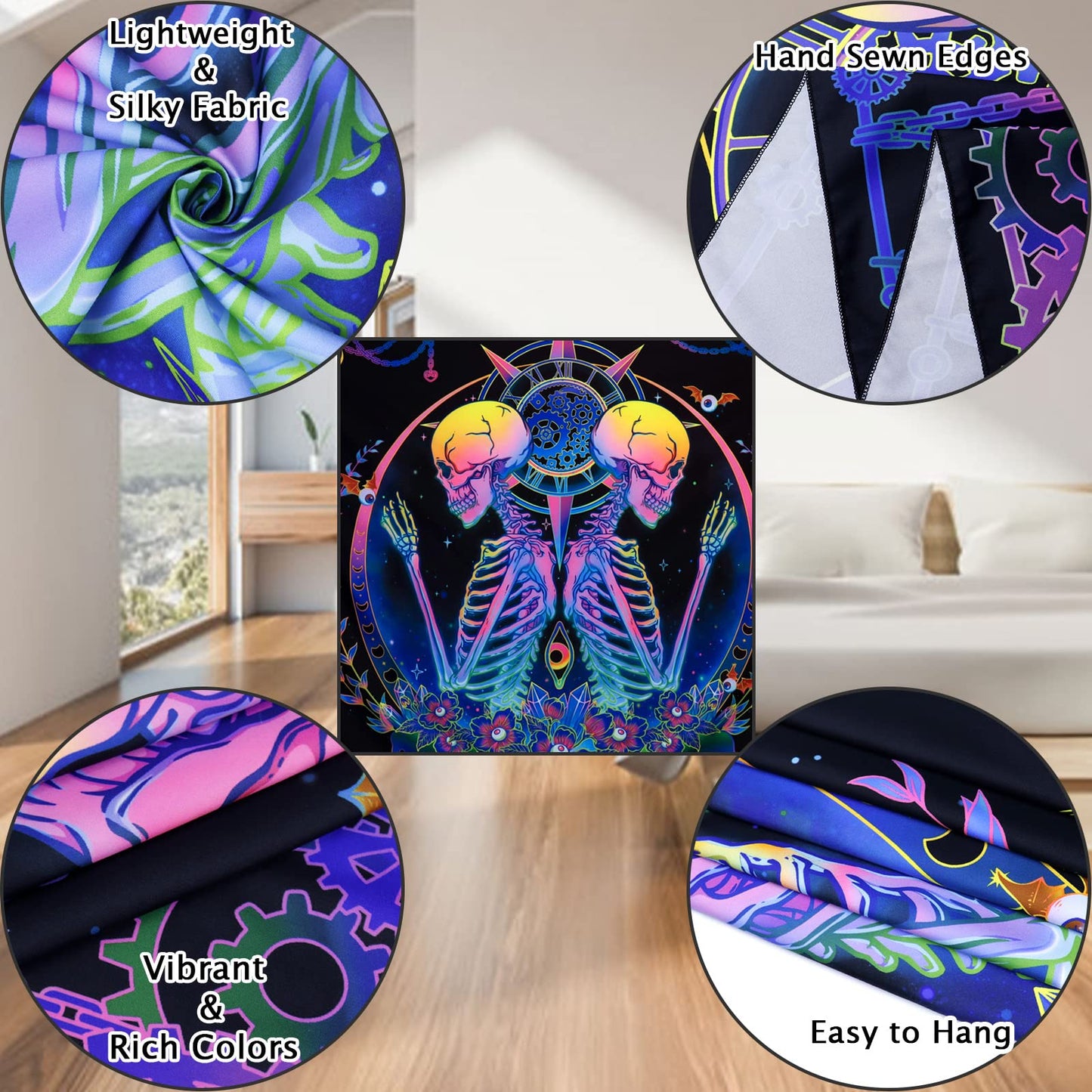 Blacklight Tapestry UV Reactive Skelton Wall Psychedelic Celestial Colorful Flower