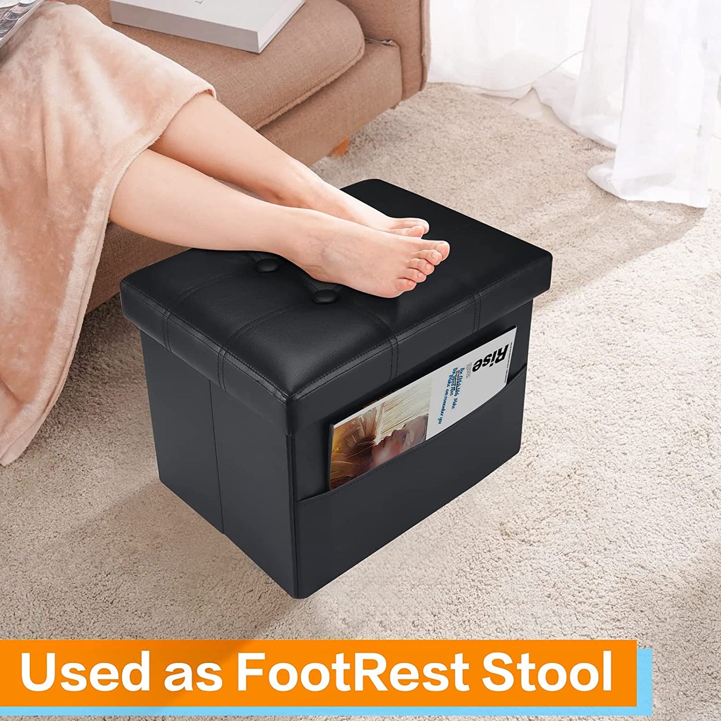 Folding Storage Ottoman Foot Rest Footstool w/ Side Pocket, Padded w/ Thick Sponge,16X12X12in Black