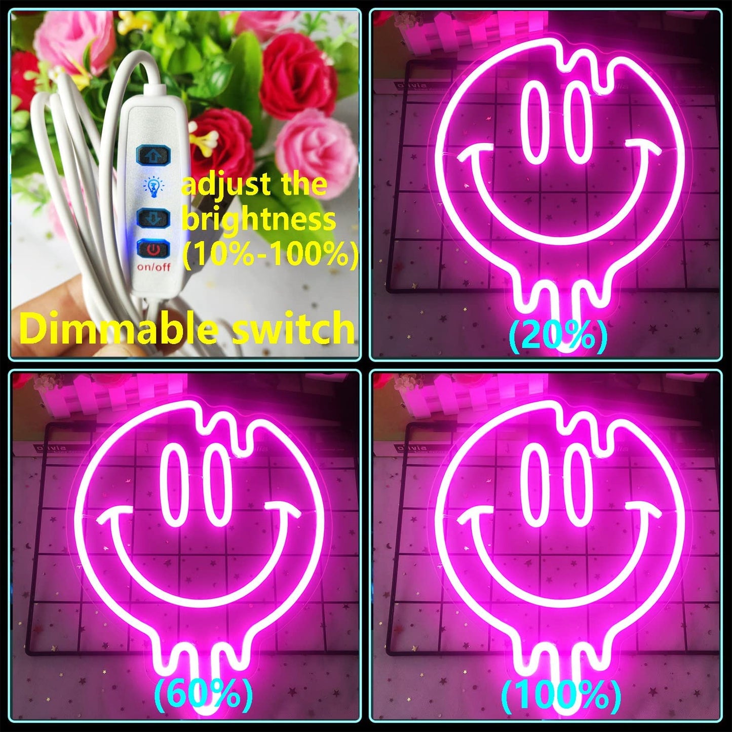 Smiley Face Neon Sign Dimmable Led for Wall Decoration-:Pink