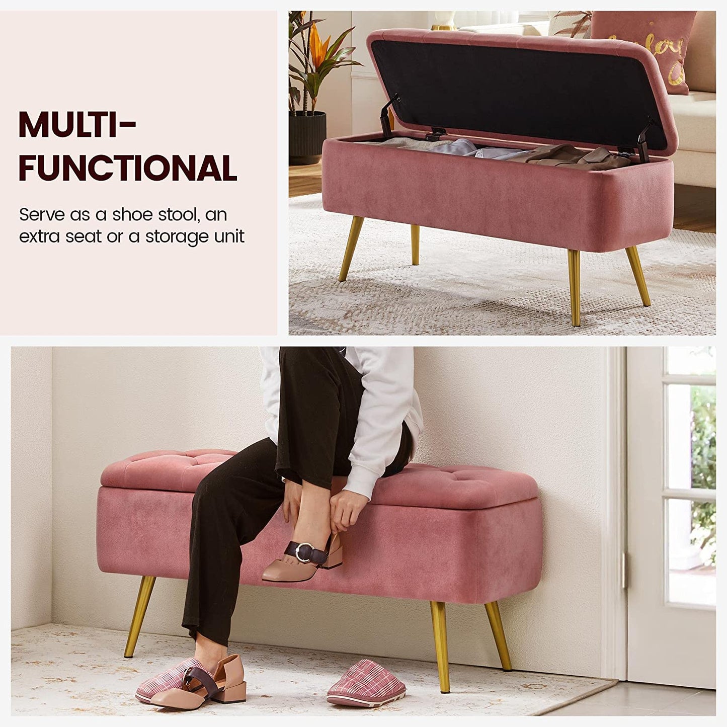 Folding Storage Ottoman Bench 42.7 Inches -Pink