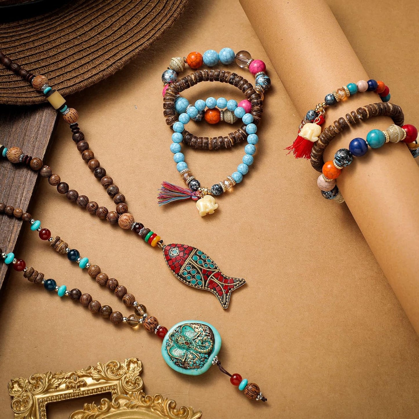 4 Pcs Boho Jewelry for Women Long Turquoise Boho Beaded Necklaces Bead Stackable Bracelets Fish Elephant Wood Handmade Necklace Multi Layer Beads Bracelets