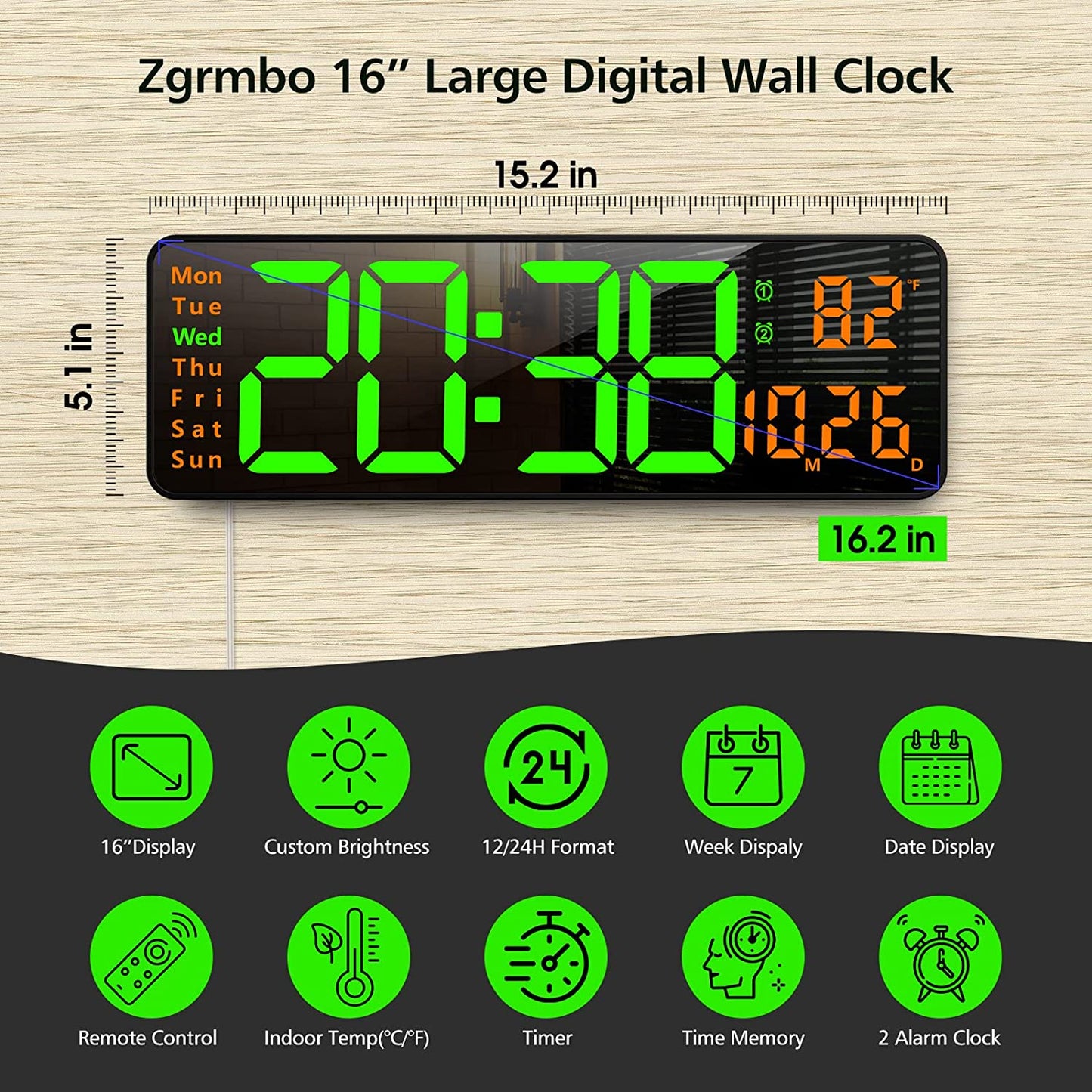 16" Large Digital Wall Clock w/ Remote, Time Date Temp Week-Orange