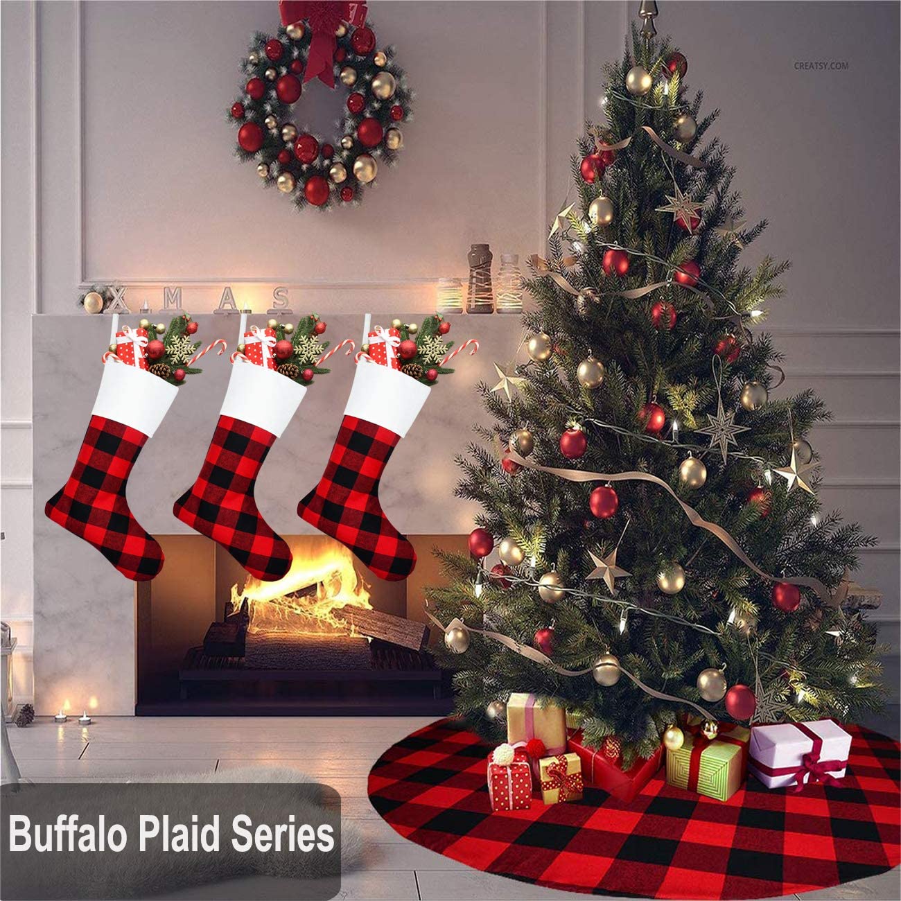 6 Pack Christmas Stockings- 18 Inch Red Black Buffalo Plaid Christmas Stockings