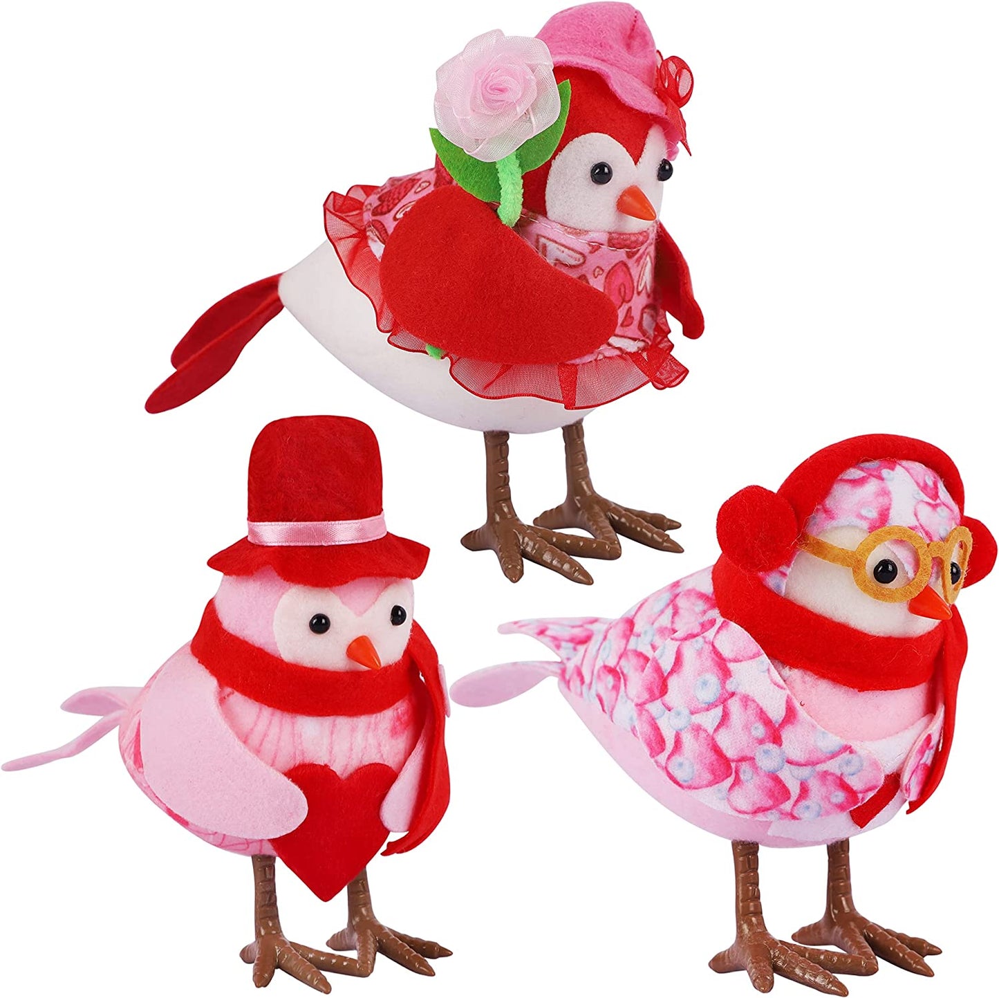 Valentine's Day Tabletop Decor, Set of 3 Red & Pink Bird Figurines, Perfect for Tiered Tray