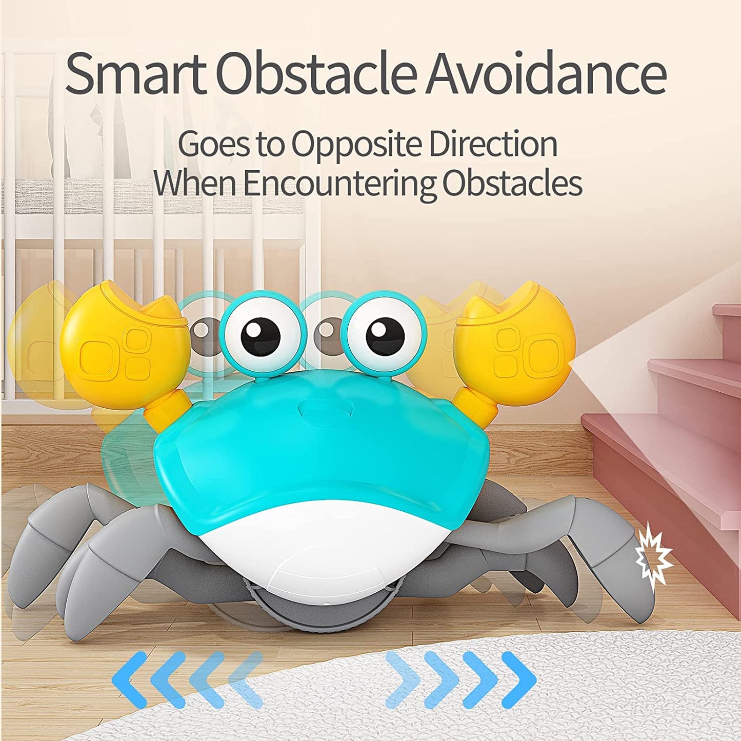 Green Crawling Crab Toys with Light Up, Interactive Musical w/ Automatically Avoid Obstacles, USB Rechargeable