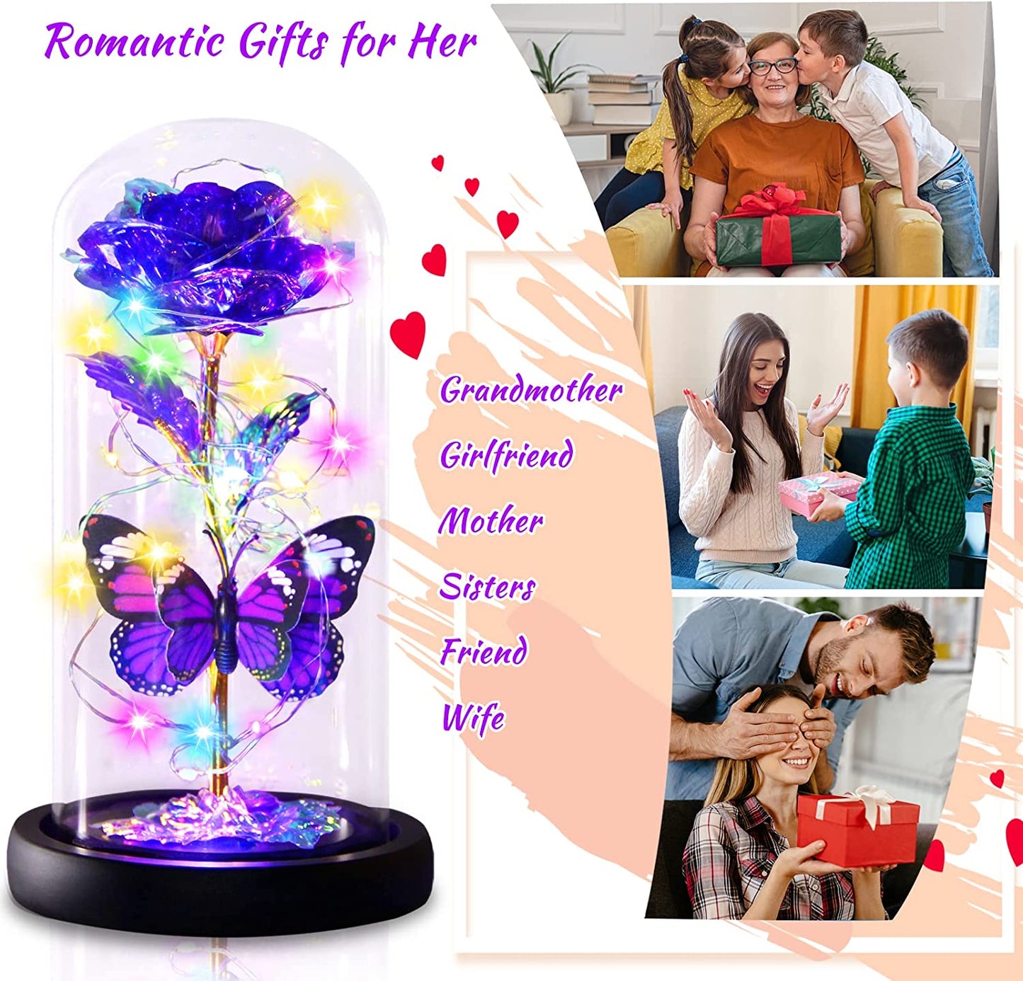 Valentines Day Gifts for Her, Enchanted Galaxy Roses in Glass Dome, Light Up Purple Rose