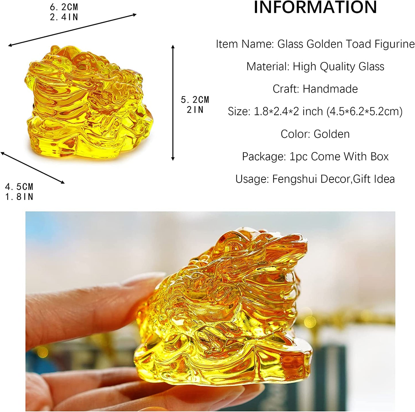 2.4inch Crystal Glass Golden Toad Figurine Collectibles Feng Shui Wealth Lucky Money Frog Statue Home Office Decoration,Lucky Gift