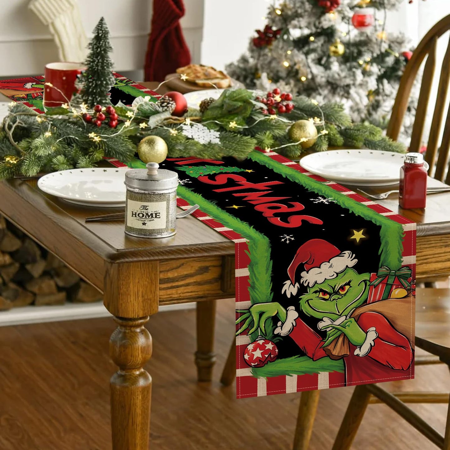 Table Runner, Xmas Tree Gifts Red White Stripes Green Kitchen Dining Table Decor, Funny Holiday