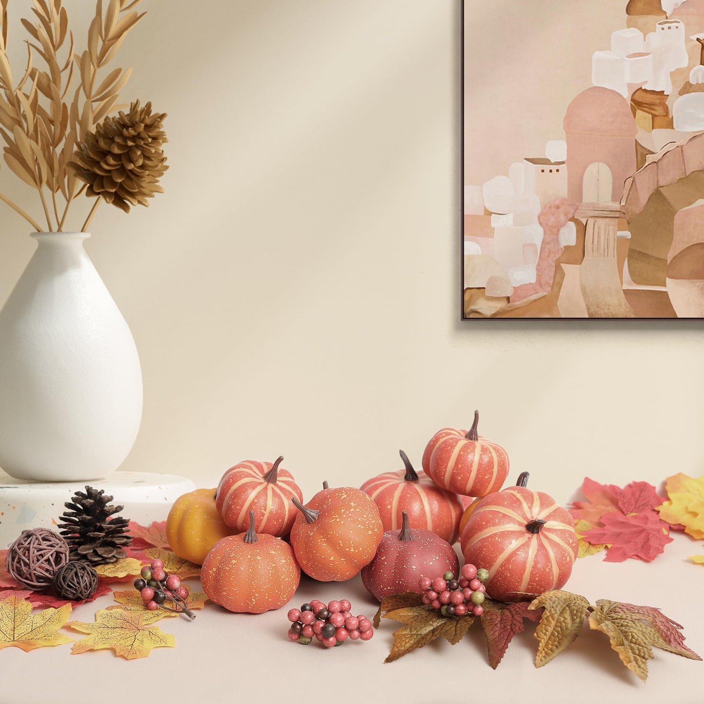 Pumpkin Decor Set, 23 PCS Fall Harvest Decorations Including Mini Pumpkins, Acorns, Pinecones, Berries, Maple Leaves