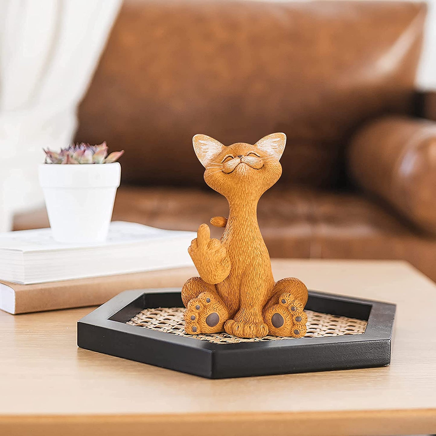 Whimsical Catitude Orange Cat Raising Middle Finger Funny Figurine for Home Decoration