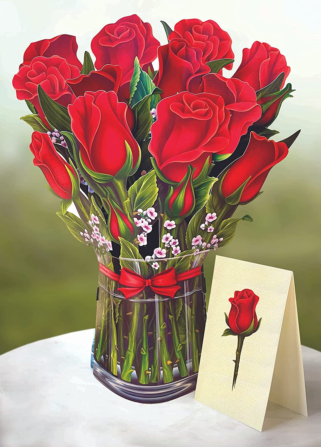 Paper Pop Up Cards, Red Roses, 12 inch Life Sized Forever Flower Bouquet 3D w/ Note Card & Envelope for Mothers Day