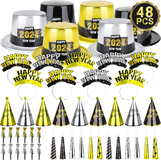 48PCS New Years Eve Party Supplies 2024, Serve 24 People Happy New Year Top Hats Cone Hats Headband Tiara Noise Makers Blowers Horns, NYE Decorations 2024 Party Favors Black Gold Silver Party Kit