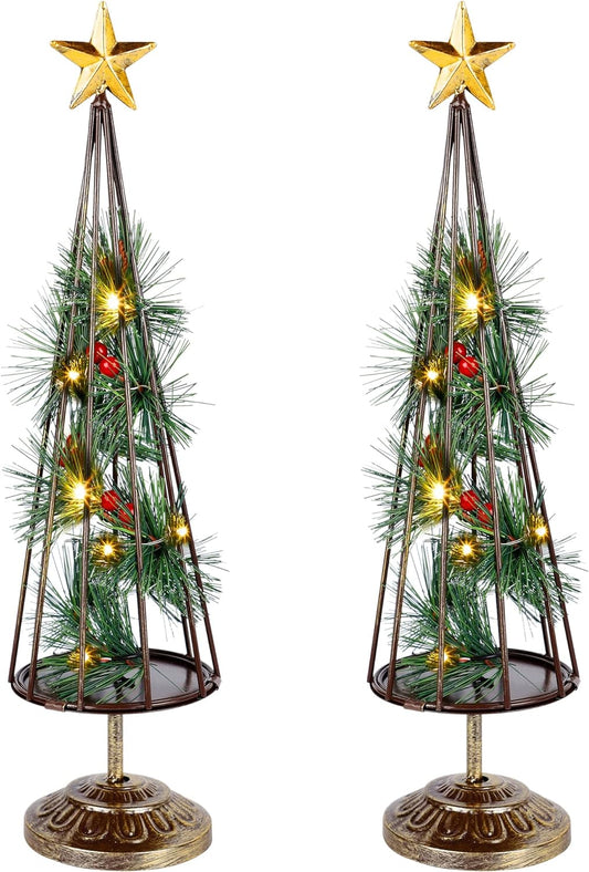 Christmas Table Decorations, 2 Pack Lighted Xmas Tree with Golden Star, Battery Operated with LED Lights, Light Up Tabletop Xmas Tree for Holiday Party Desk Home
