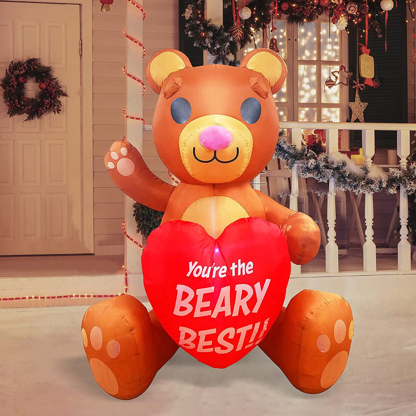 6 FT Valentines Day Inflatable Teddy Bear Holding Heart, Lighted LED