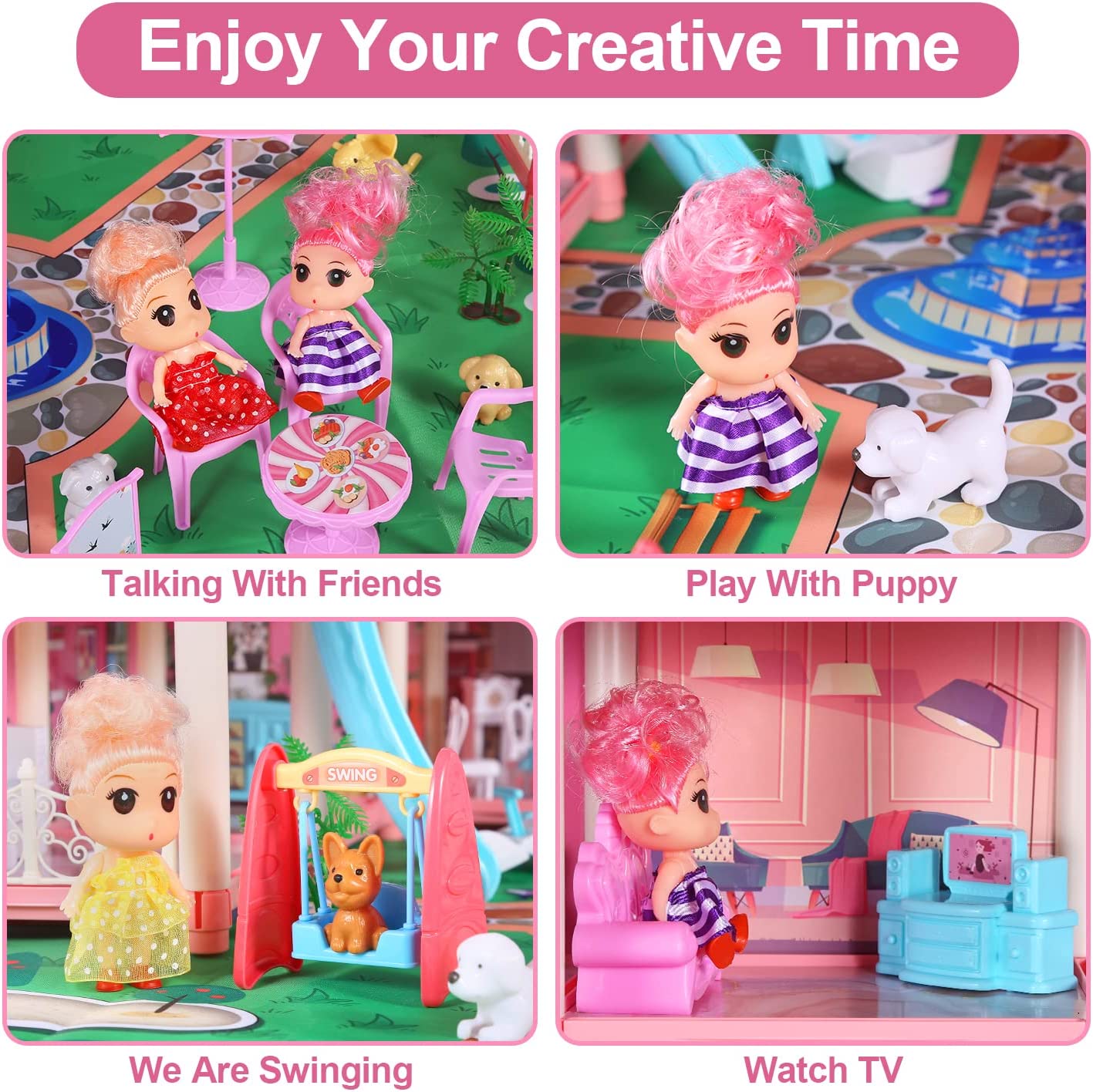 Dollhouse Dream House with 6 Dolls, Pink Doll House Playset Toy with Accessories and Furnitures