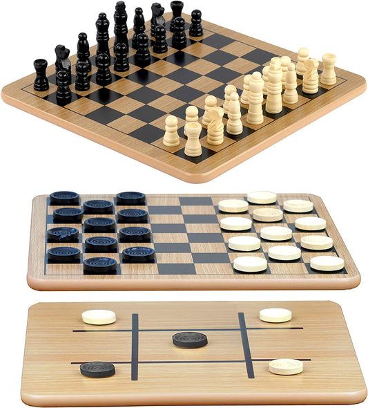 Reversible Wooden Board for Chess, Checkers & Tic-Tac-Toe - 24 Interlocking Wooden Checkers & 32 Standard Chess Pieces