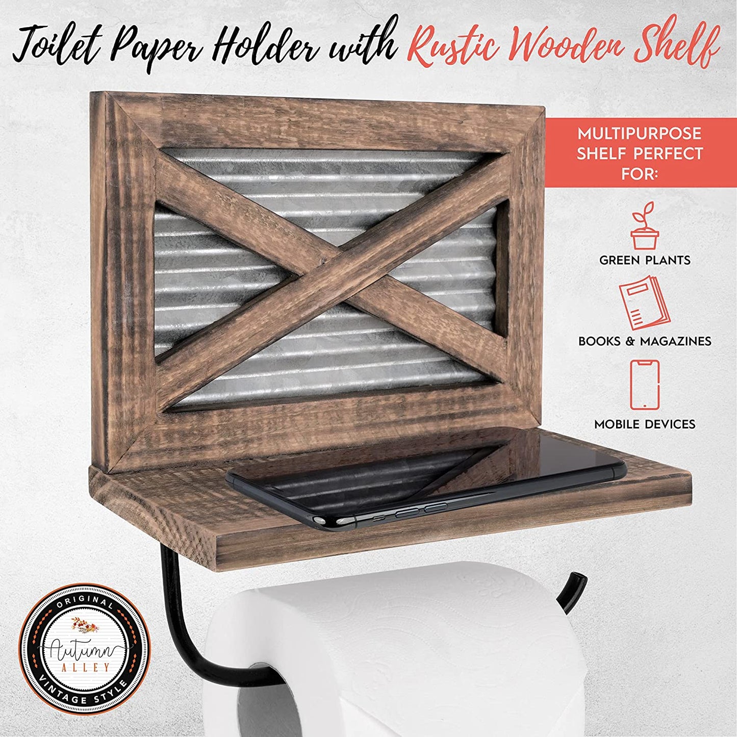 Farmhouse Toilet Paper Holder with Shelf - Rustic Brown Wood