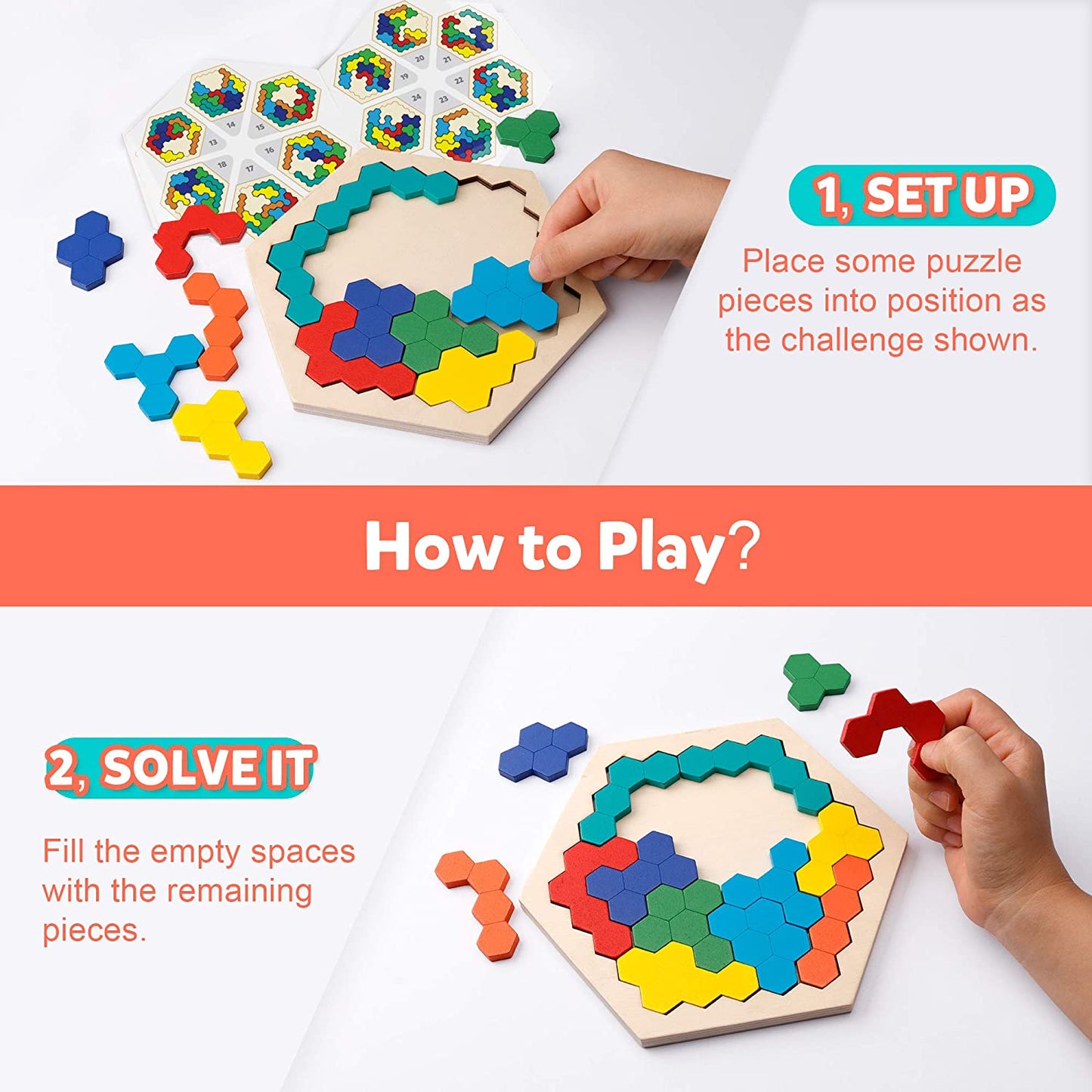 Wooden Hexagon Puzzle for Kid Adults-Shape Pattern Block Tangram Brain Teaser Toy