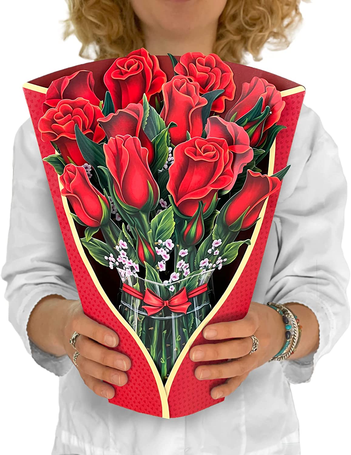 Paper Pop Up Cards, Red Roses, 12 inch Life Sized Forever Flower Bouquet 3D w/ Note Card & Envelope for Mothers Day