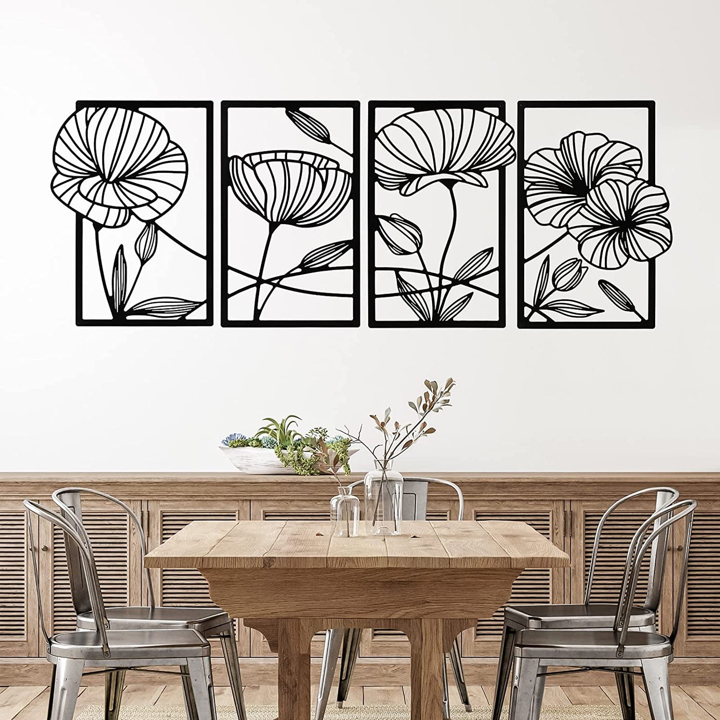 4 Pcs Metal Line Art Wall Decor Metal Flower Minimalist Sculpture Modern 16.5x11.9in (Black)