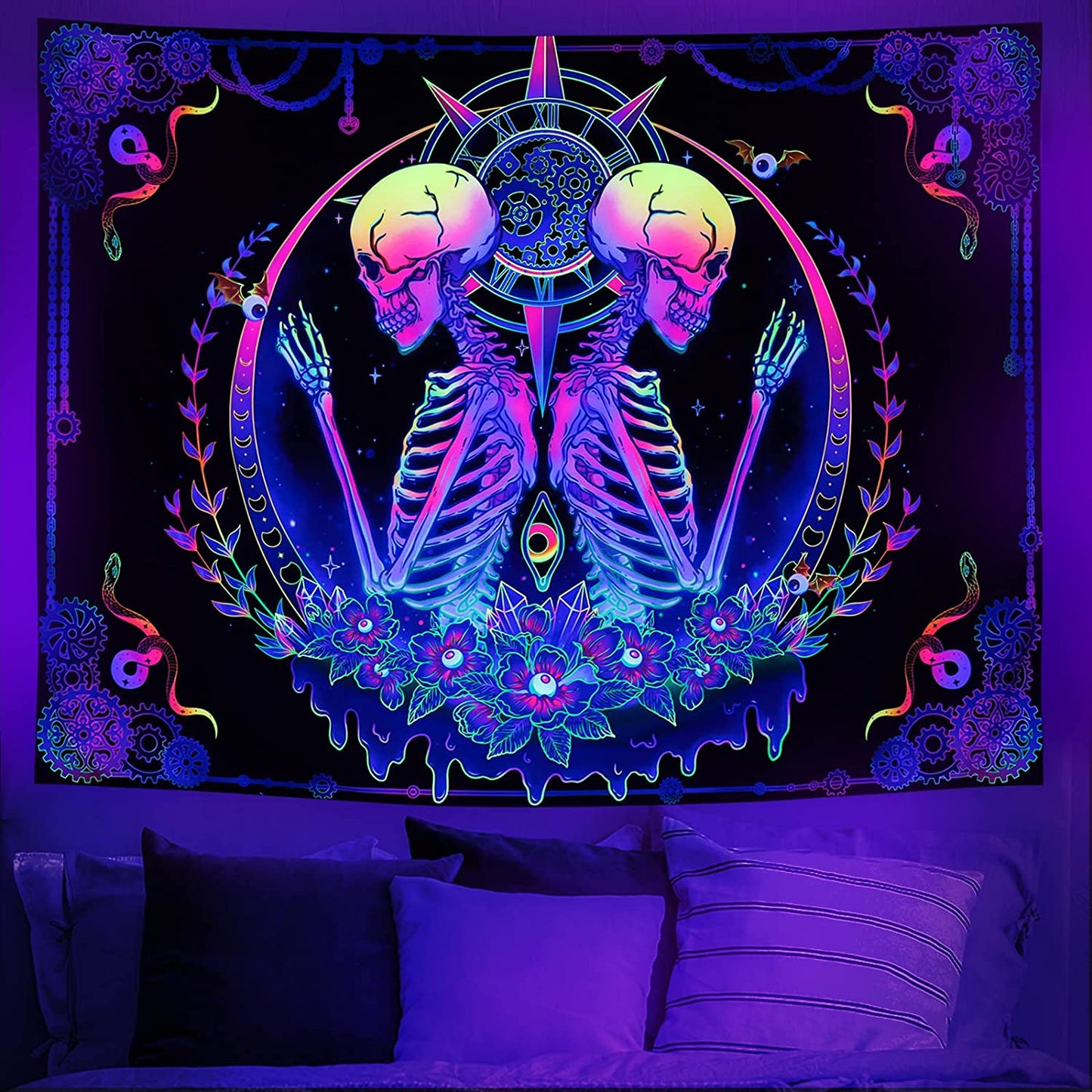 Blacklight Tapestry UV Reactive Skelton Wall Psychedelic Celestial Home Decor(59.1"x78.7")