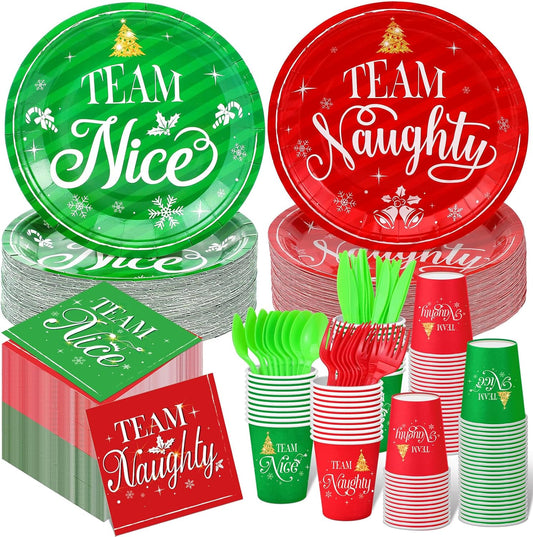 350 Pieces Christmas Disposable Dinnerware Set, Serves 50, Naughty or Nice Paper Plates Team Naughty Team Nice Napkins Cups Cutlery for Christmas Holiday