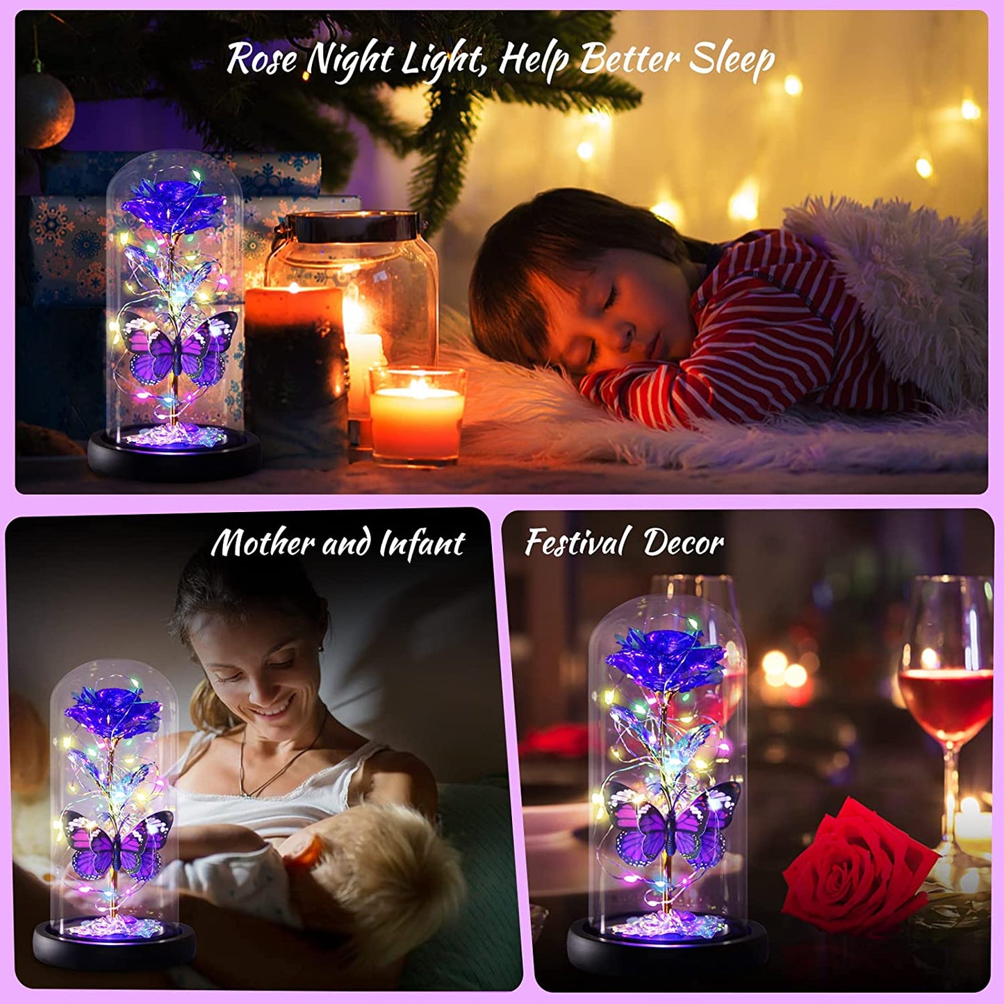 Valentines Day Gifts for Her, Enchanted Galaxy Roses in Glass Dome, Light Up Purple Rose