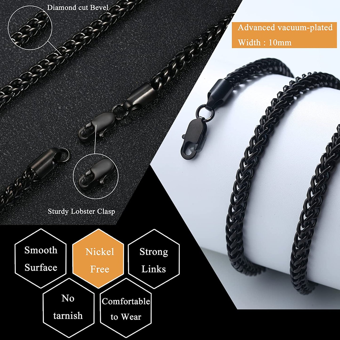 Stainless Steel Wheat Chain for Men Necklace Bracelet Set 5mm in W, 22" 8.5", Black-tone