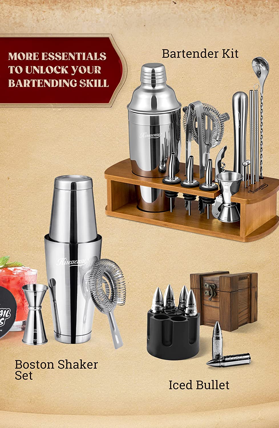 Cocktail Shaker Set Bartender Kit with Stand | Bar Set Drink Mixer Set with All Essential Bar Accessory Tools