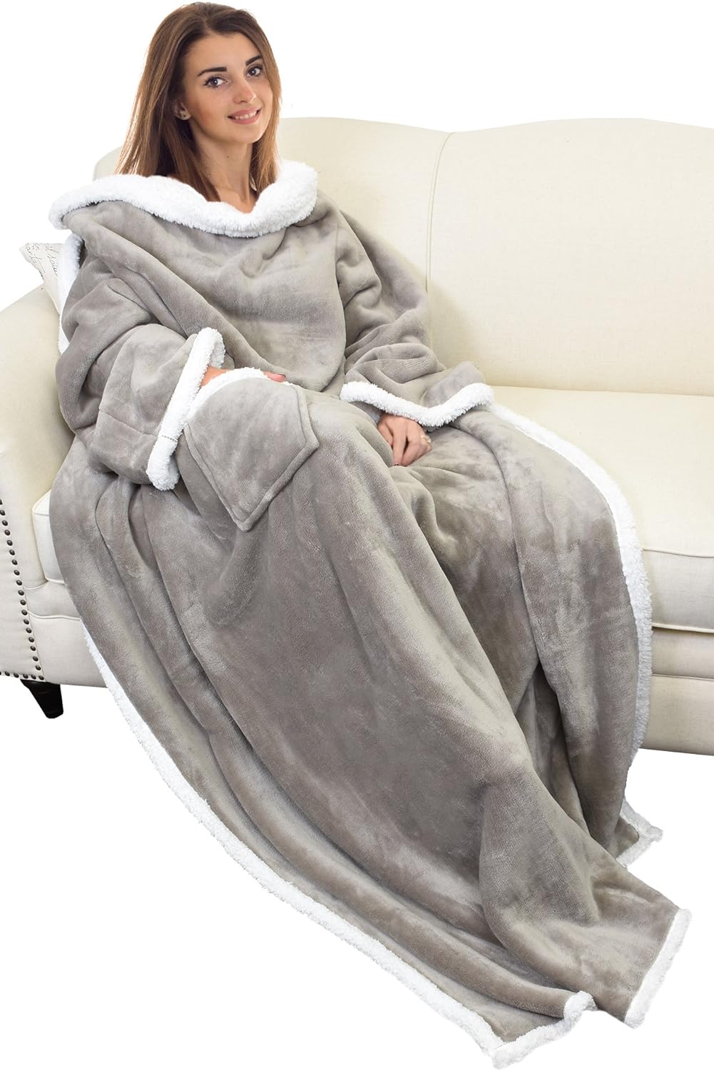 Wearable Blanket with Sleeves Arms, Comfy Sleeved TV Wrap Blanket, Large Snuggly