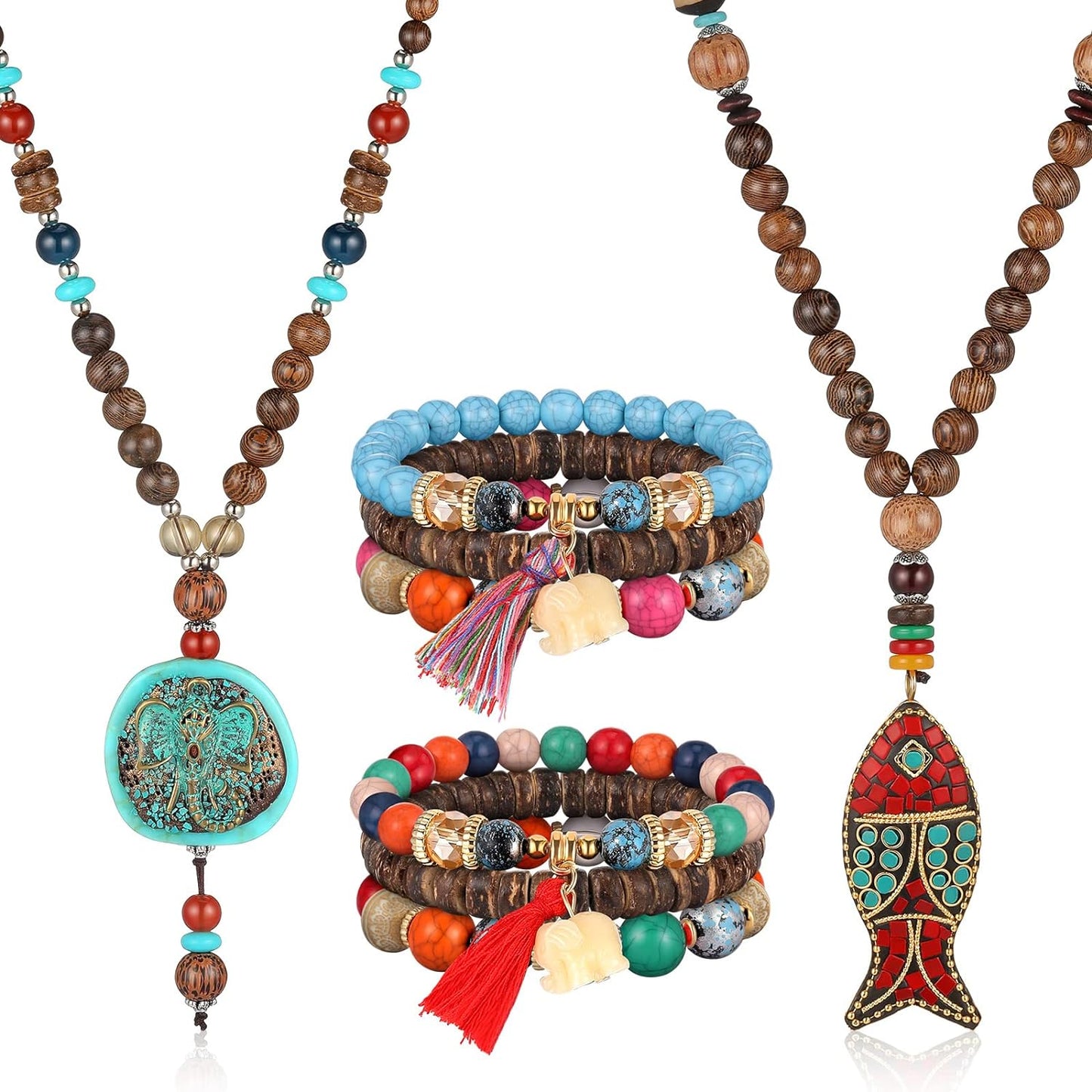 4 Pcs Boho Jewelry for Women Long Turquoise Boho Beaded Necklaces Bead Stackable Bracelets Fish Elephant Wood Handmade Necklace Multi Layer Beads Bracelets