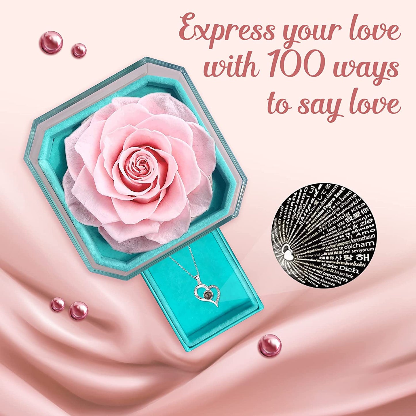 Preserved Rose w/ Necklace I Love You in 100 Languages, Tiffany Rose Box-Love Never Fades