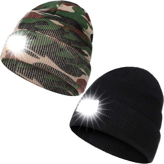 2 Pieces Winter LED Beanie Hats Warm Knitted Hat with Light LED Headlamp for Men Women