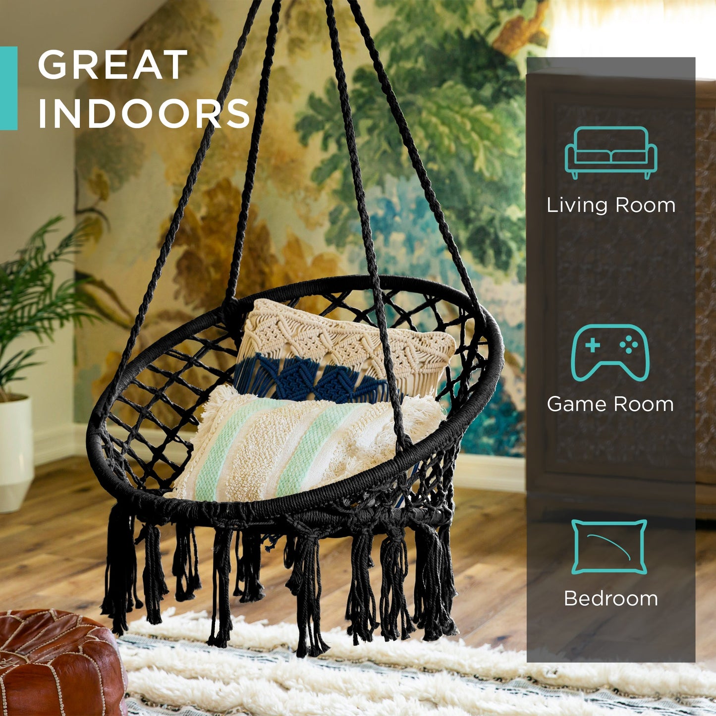 Handwoven Cotton Macrame Hammock Hanging Chair w/ Backrest