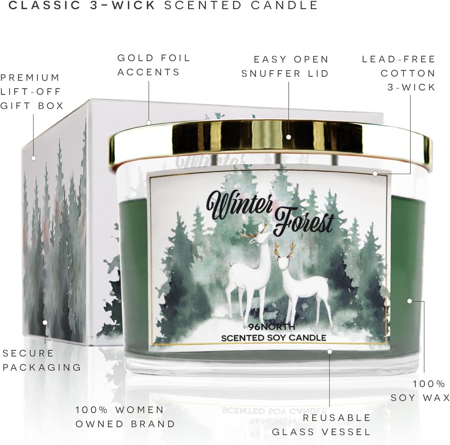 Pine Candle | Large 3 Wick Jar Candle | 12 Oz Up to 50 Hours Burning Time | 100% All Natural Soy Wax | Winter Forest Candle | Pine Fir Cedar | Christmas Candle Gift for Men and Women