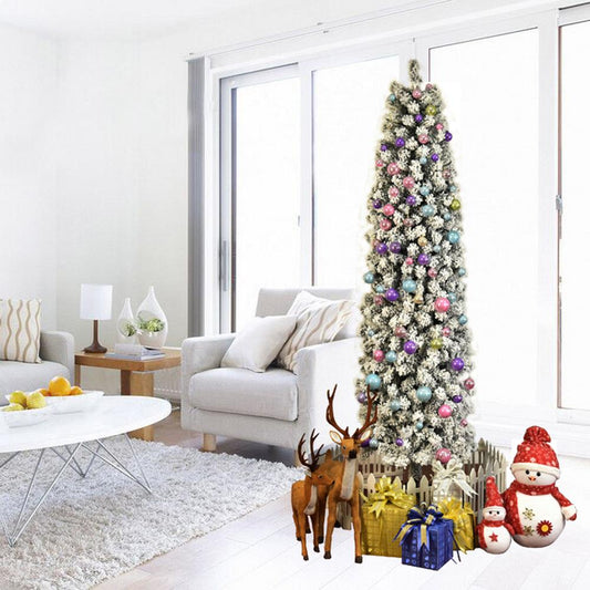 7.5ft Snow Flocked Artificial Pencil Christmas Tree, w/ Durable Stand,