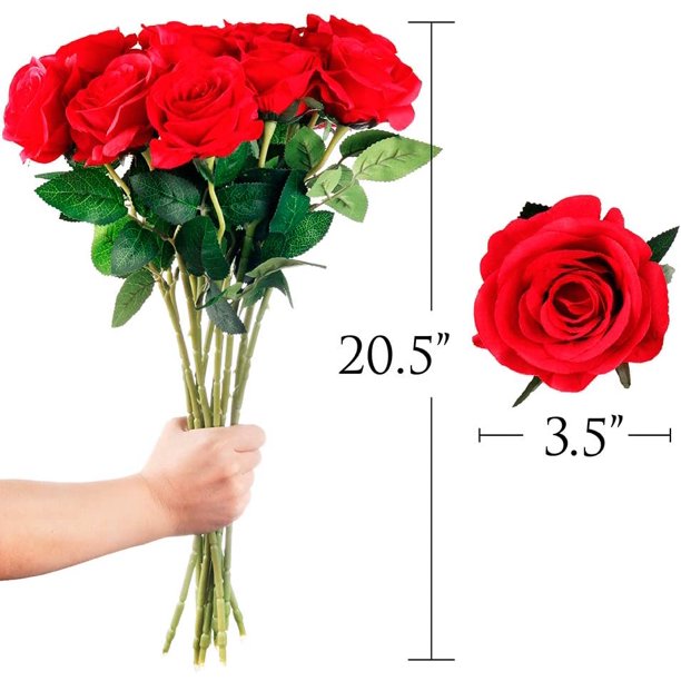 12 Pcs Red Artificial Rose Flowers, Realistic Blossom Fake Roses with Long Stems, Single Silk Roses Flower Bouquet Arrangement for Valentine's Day Wedding Bridal Shower Party Home Table