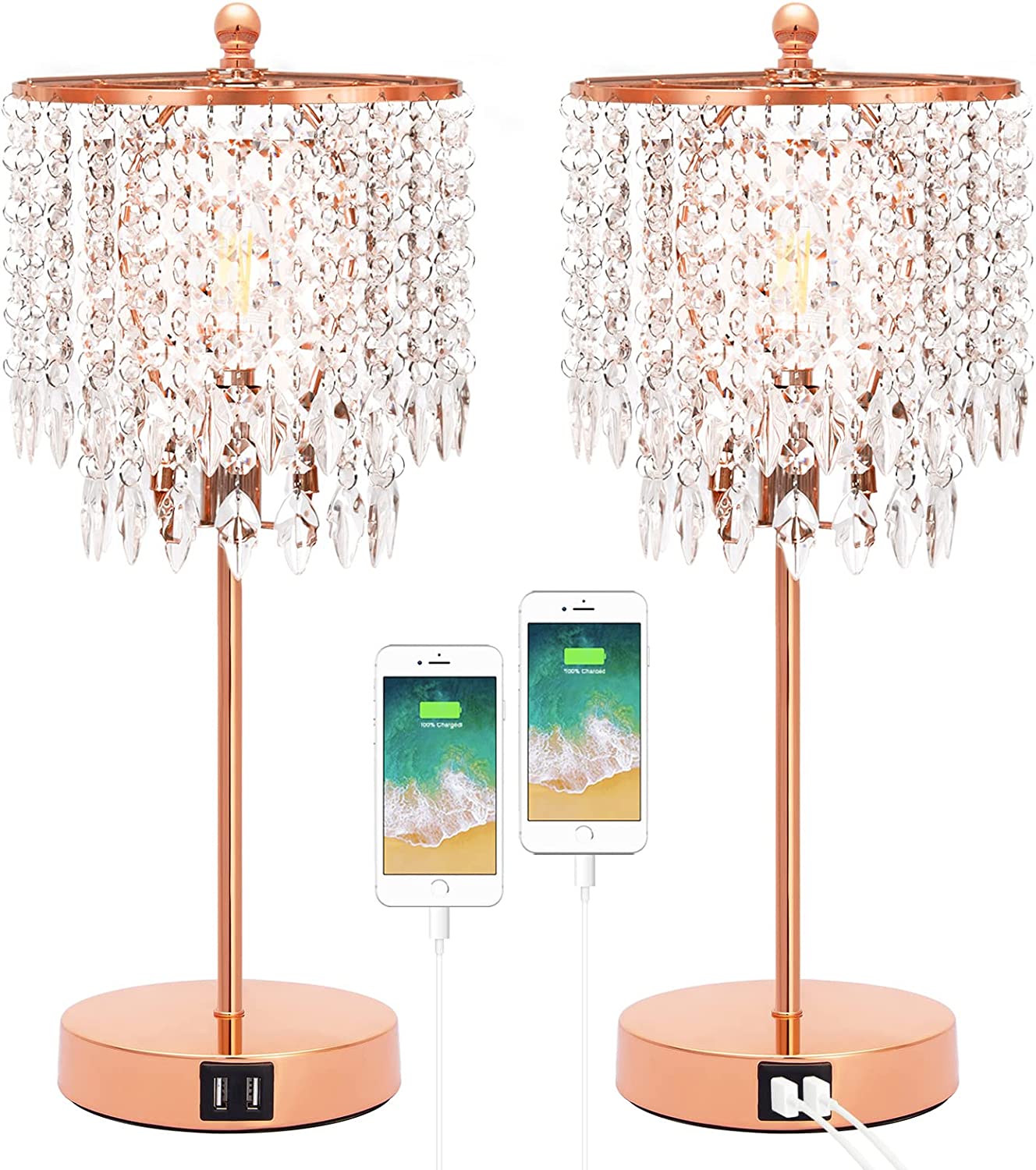 Crystal Touch Control Table Lamp w/ 2 USB Charging Ports