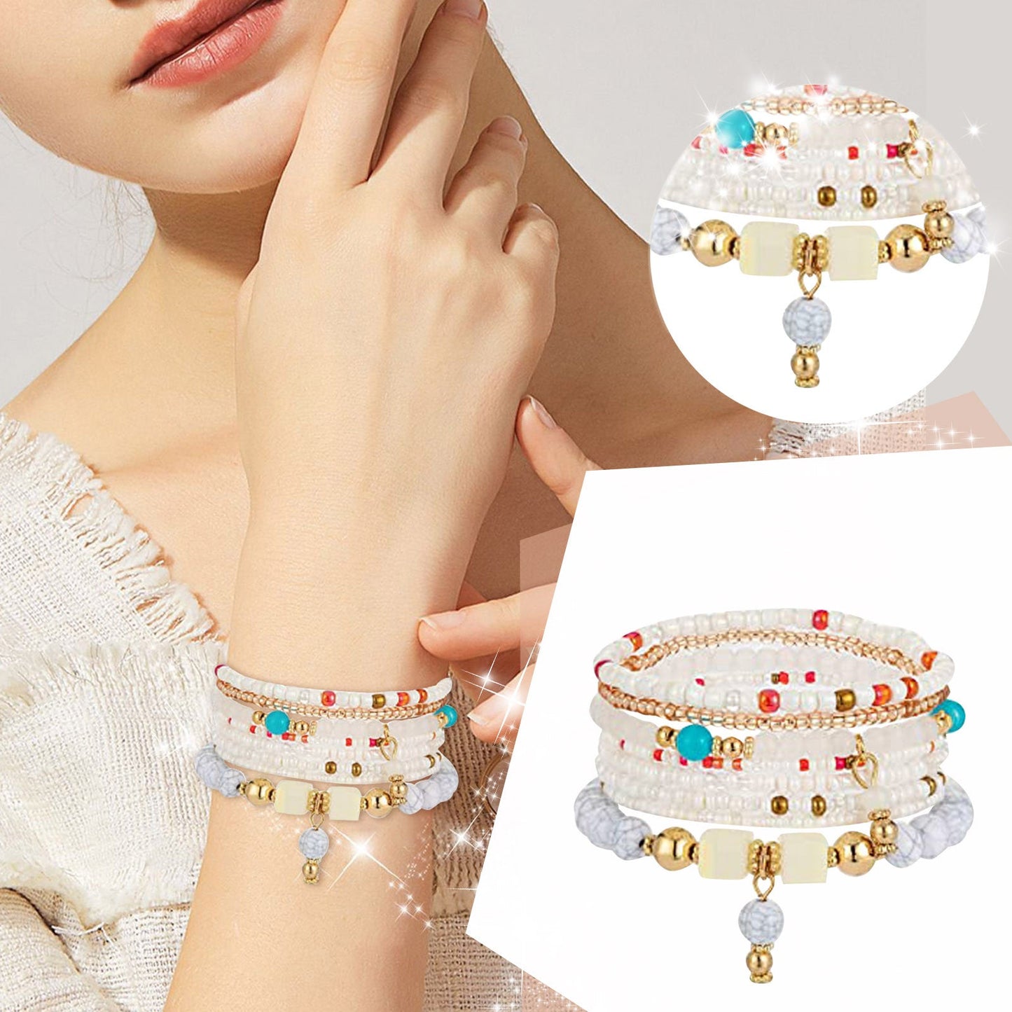 6 Sets Bracelets Multilayer Stack Colorful Beads for Women