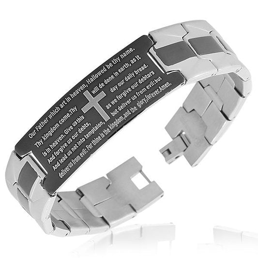 Stainless Steel Black Silver-Tone Cross English Prayer Mens Bracelet