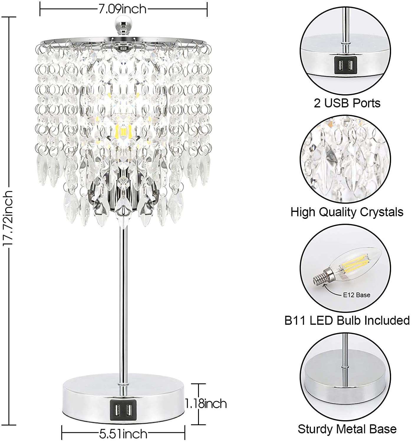Crystal Touch Control Table Lamp w/ 2 USB Charging Ports