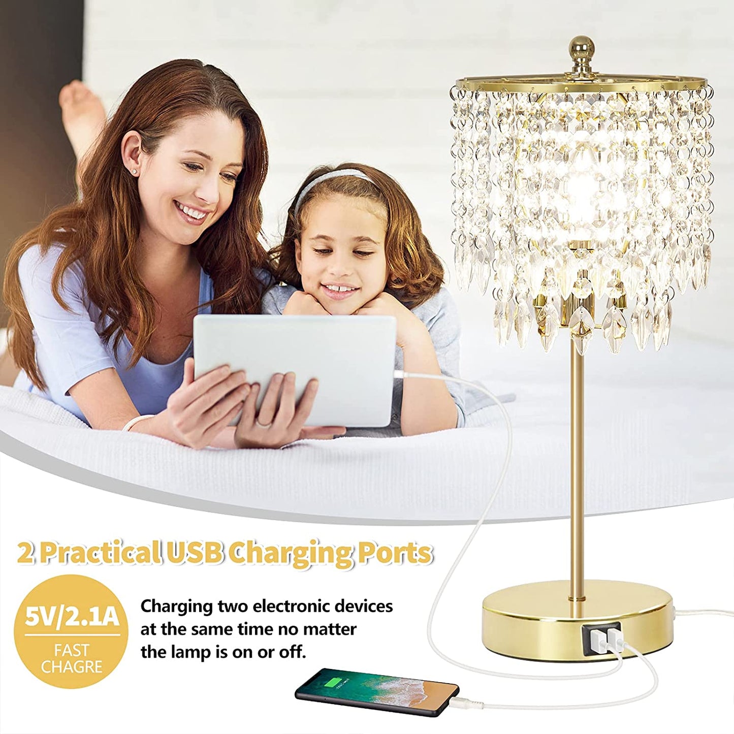 Crystal Touch Control Table Lamp w/ 2 USB Charging Ports