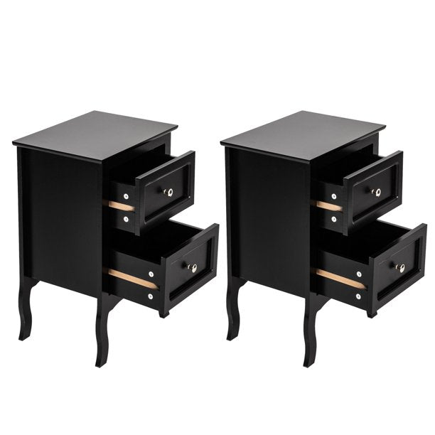 Set of 2 Nightstand Bedroom Bedside Table w/ Drawers Storage, Country Style w/ Metal Handle, Black