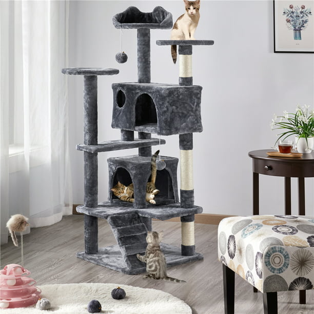 54.5" Double Condo Cat Tree w/ Scratching Post Tower- Dark Gray