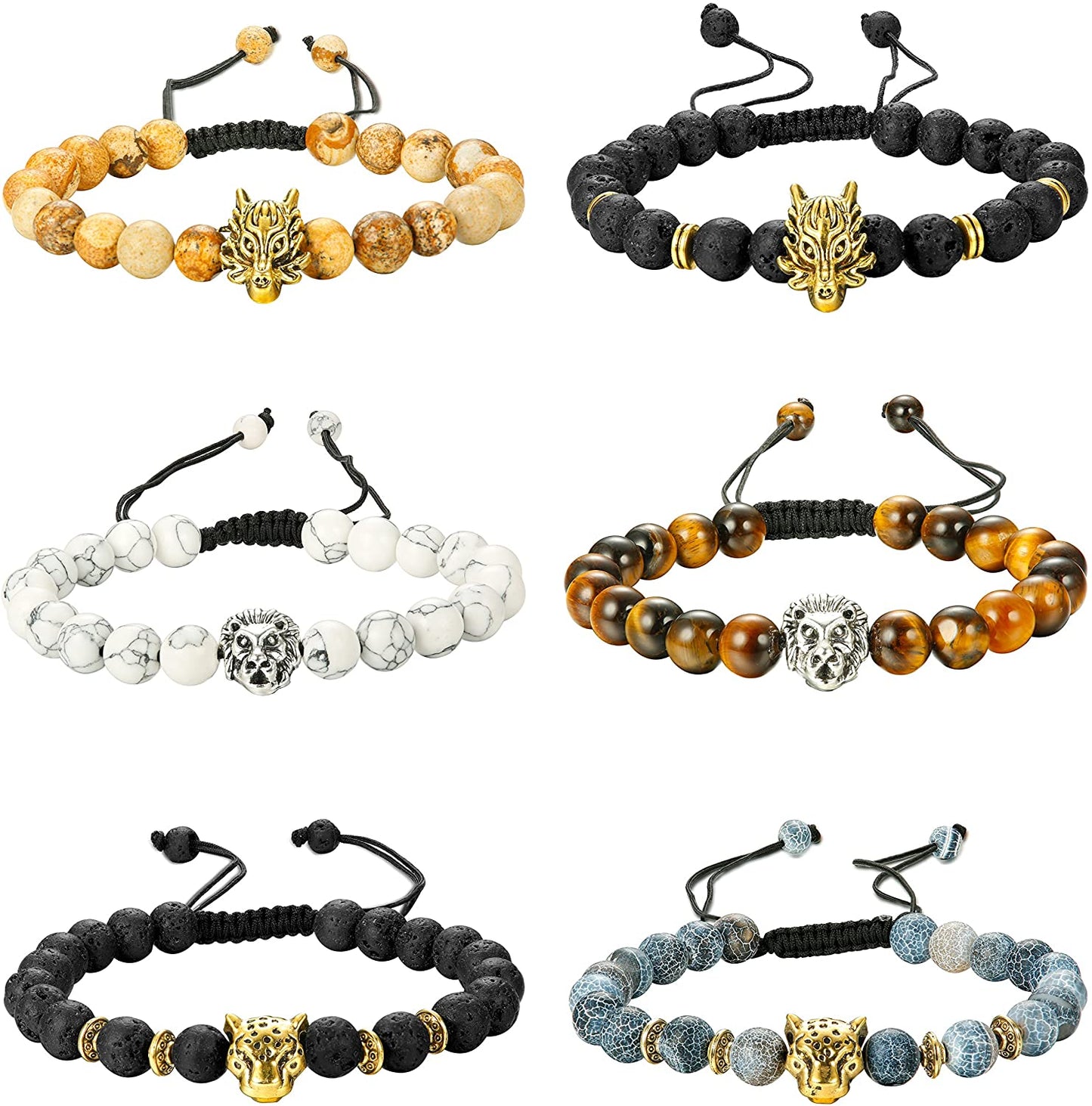 6PCS Bead Bracelets Set Dragon/Lion/Panther Charm Lava Rock Natural Stone Bracelet, 8MM